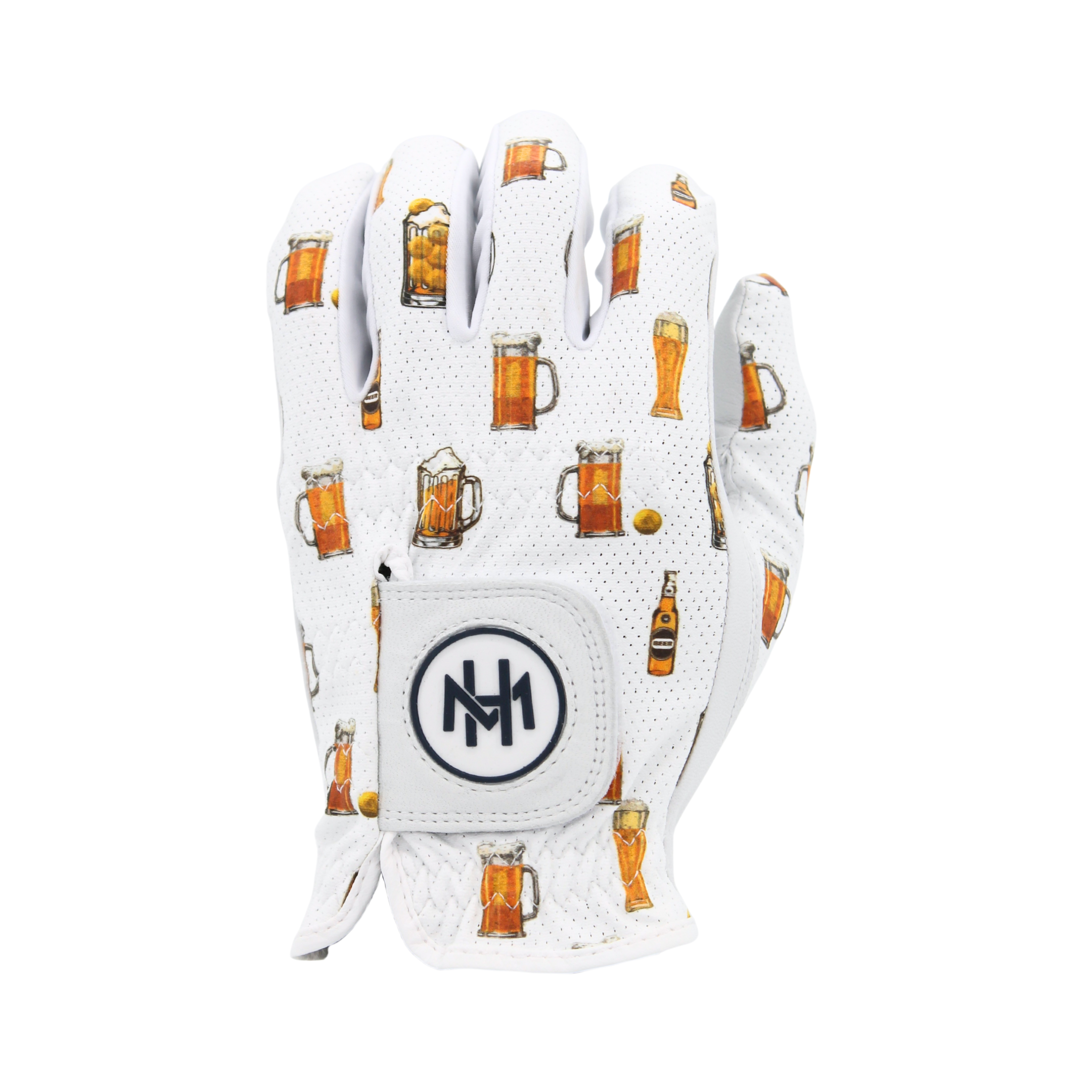 Mulligan Hooligan 'Beer Fore' golf glove with beer mugs and beer bottles pattern on a white background with brand logo