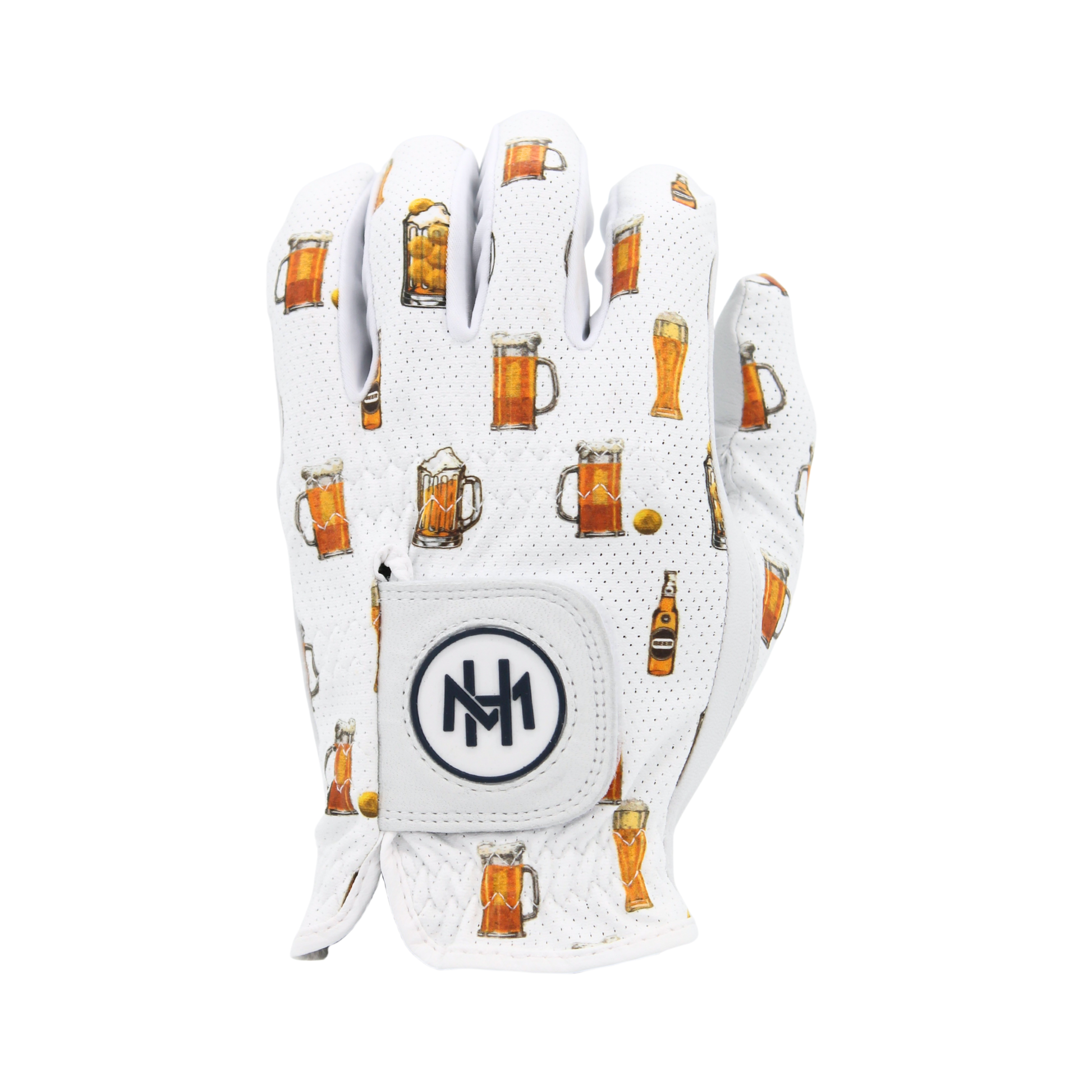 Mulligan Hooligan 'Beer Fore' golf glove with beer mugs and beer bottles pattern on a white background with brand logo