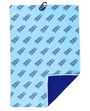 A light blue golf towel with a repeating dark blue 'Mulligan Hooligan' logo pattern, featuring a black metal grommet at the top and a folded corner revealing a dark blue textured reverse side.