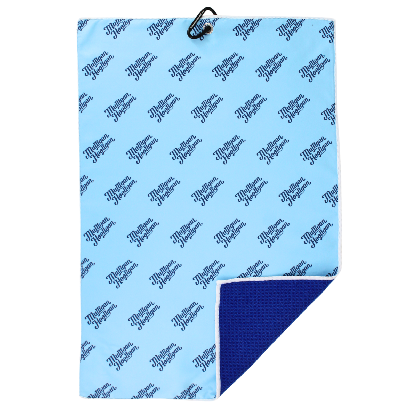 A light blue golf towel with a repeating dark blue 'Mulligan Hooligan' logo pattern, featuring a black metal grommet at the top and a folded corner revealing a dark blue textured reverse side.