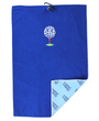 A royal blue waffle-weave golf towel with a black hanging loop at the top and a white embroidered golf ball graphic in the center. The bottom corner is folded over to show the light blue reverse side, which features a repeating pattern of the text 'Mulligan Hooligan'.