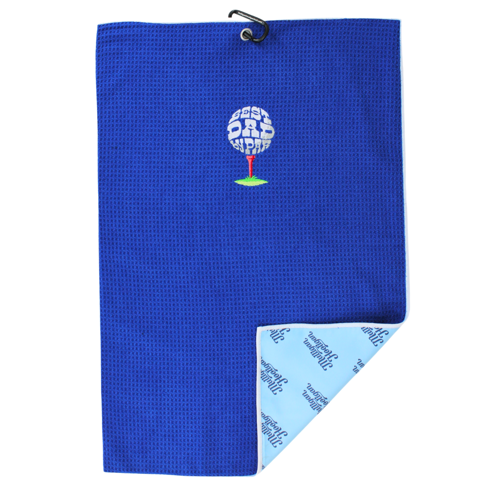 A royal blue waffle-weave golf towel with a black hanging loop at the top and a white embroidered golf ball graphic in the center. The bottom corner is folded over to show the light blue reverse side, which features a repeating pattern of the text 'Mulligan Hooligan'.