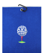 A blue textured golf flag with a black metal carabiner at the top and a central graphic of a golf ball on a tee with the words 'BEST DAD BY PAR'.