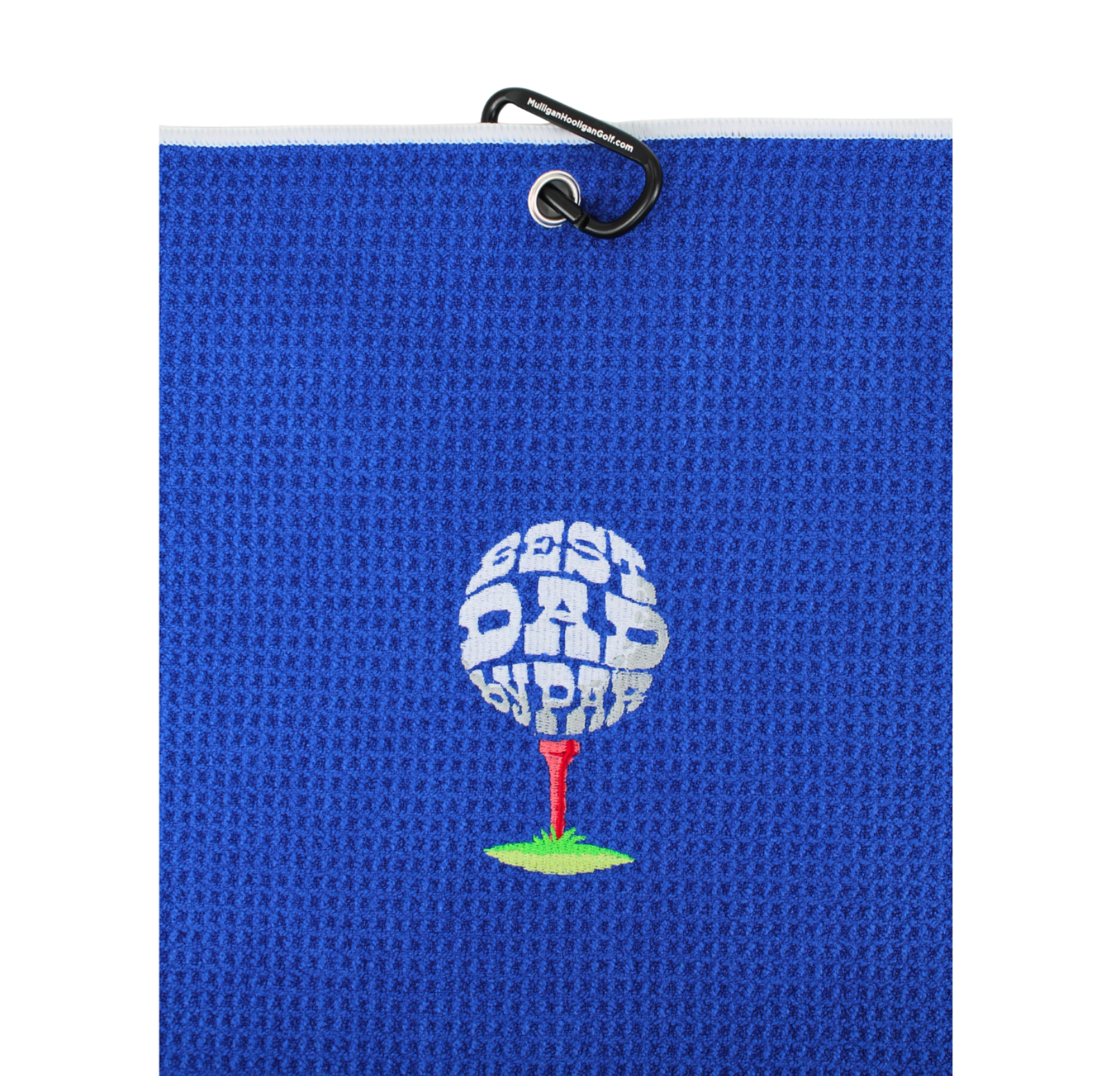 A blue textured golf flag with a black metal carabiner at the top and a central graphic of a golf ball on a tee with the words 'BEST DAD BY PAR'.