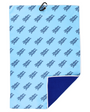 A light blue golf towel with a repeating dark blue 'Mulligan Hooligan' logo pattern, featuring a black metal grommet at the top and a folded corner revealing a dark blue textured reverse side.