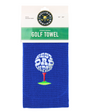 A packaged blue golf towel with a textured pattern and a central graphic of a golf ball on a tee that says 'BEST DAD BY PAR". The header card shows the brand 'Mulligan Hooligan'.