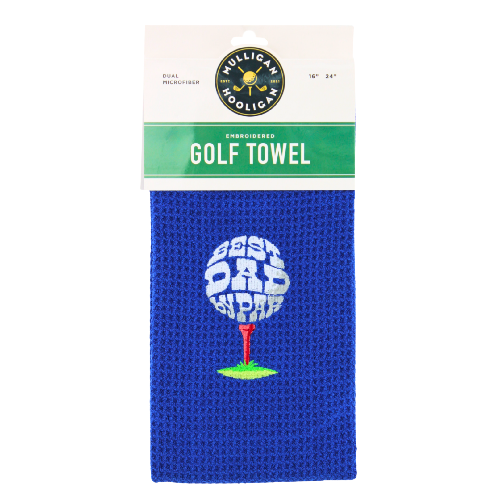 A packaged blue golf towel with a textured pattern and a central graphic of a golf ball on a tee that says 'BEST DAD BY PAR". The header card shows the brand 'Mulligan Hooligan'.