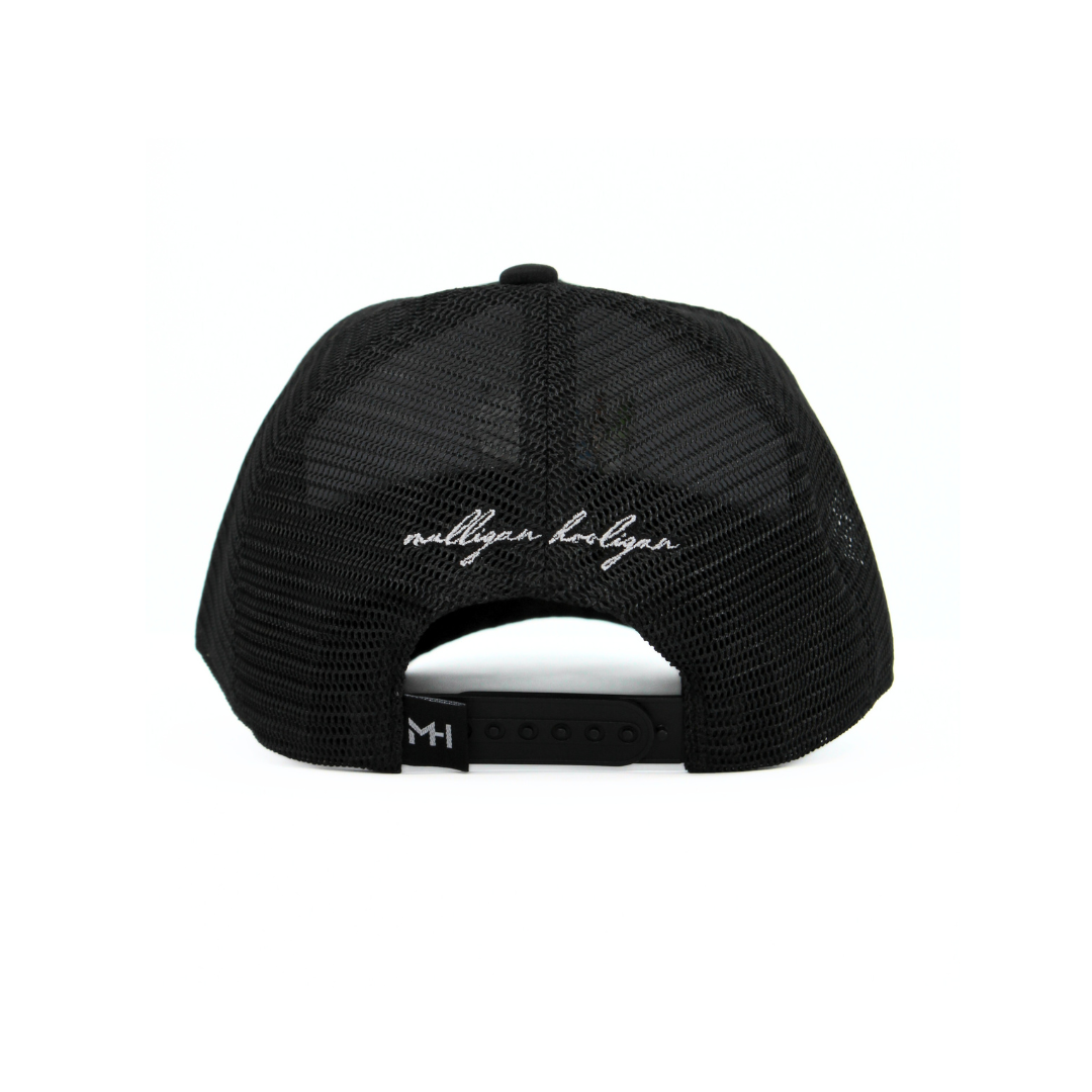 Black cap with white text on a white background