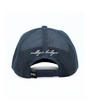 Navy blue cap with mesh back and branding on a white background