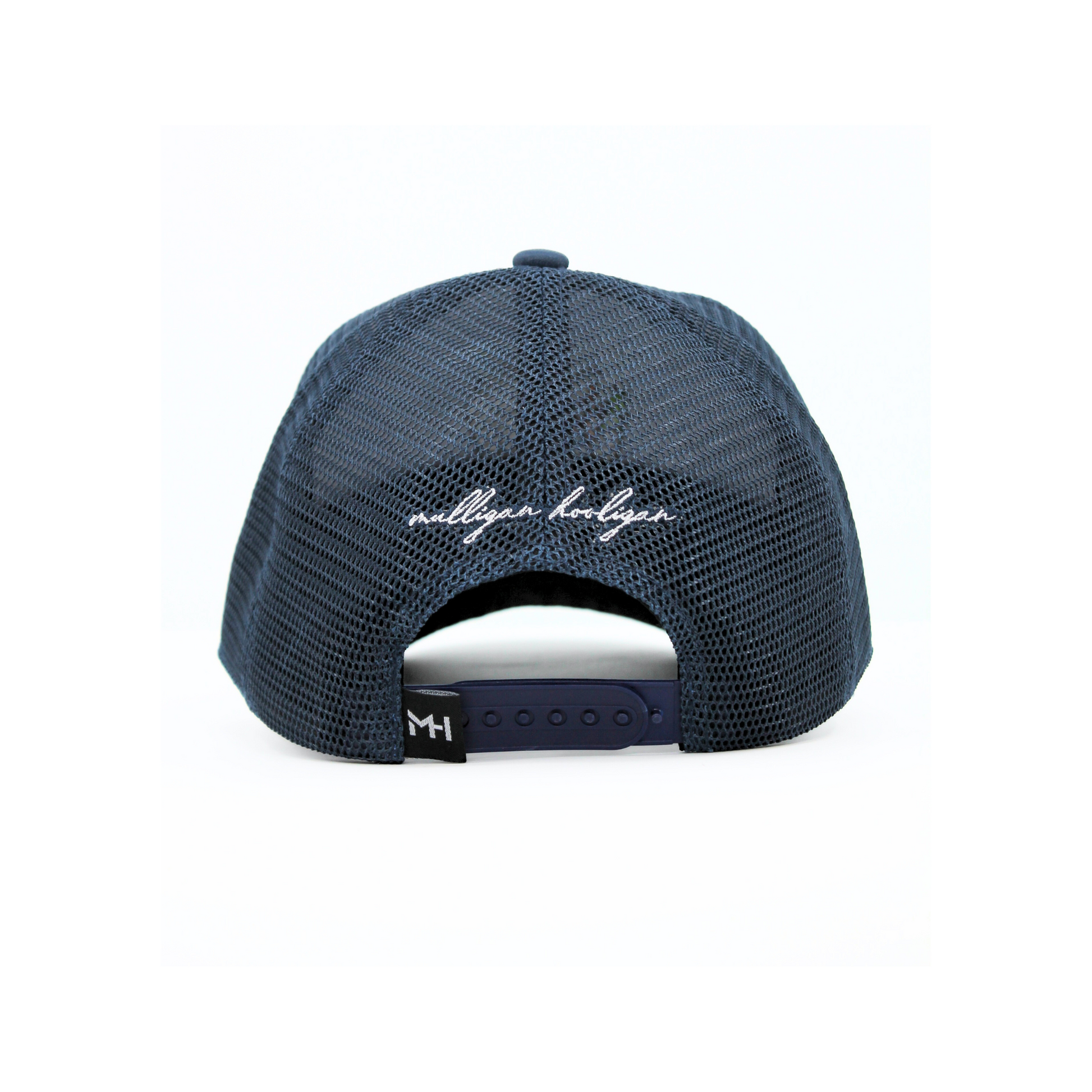 Navy blue cap with mesh back and branding on a white background