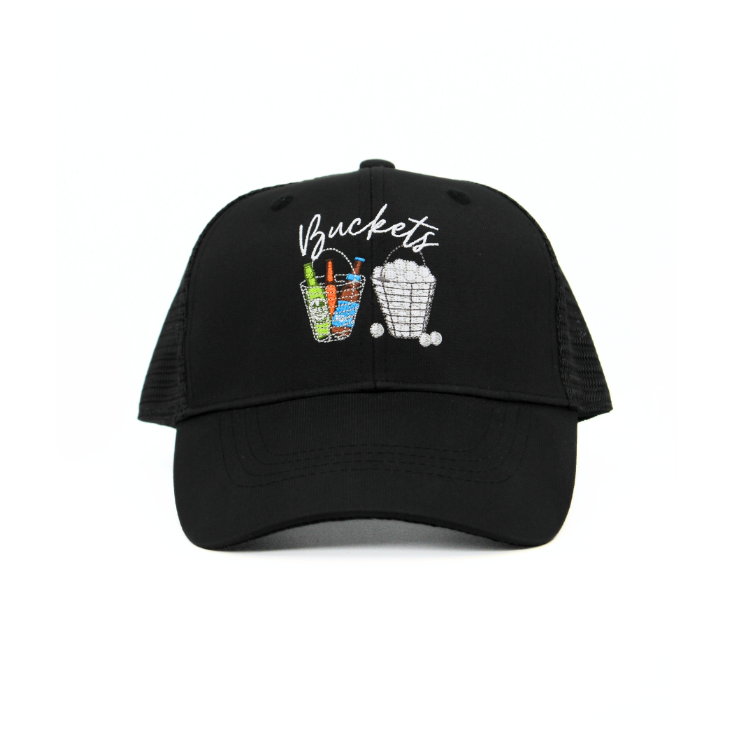 Black cap with 'Buckets' logo on a white background