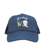 Blue cap with embroidered design and text on a white background