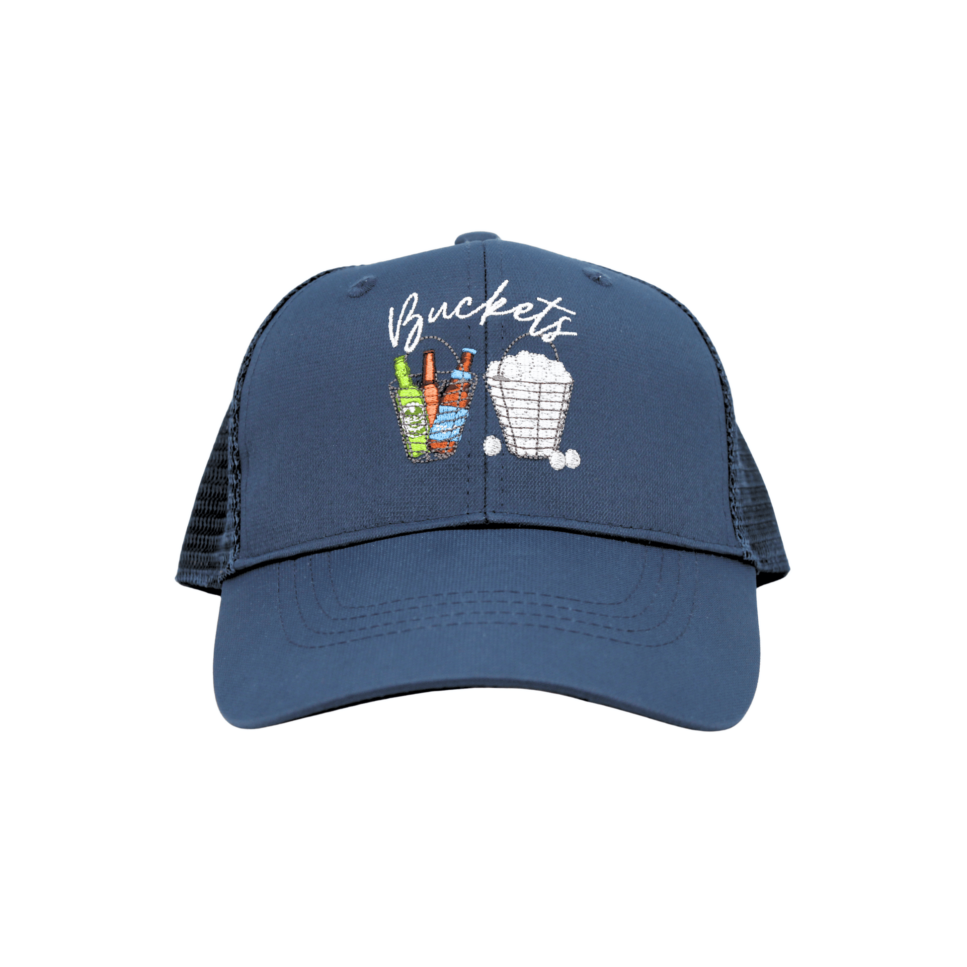 Blue cap with embroidered design and text on a white background