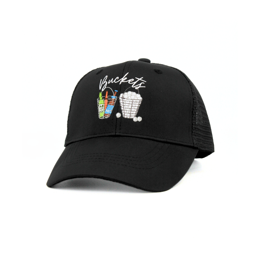 Black cap with 'Buckets' and graphic design on a white background