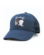 Navy blue cap with embroidered design on a white background