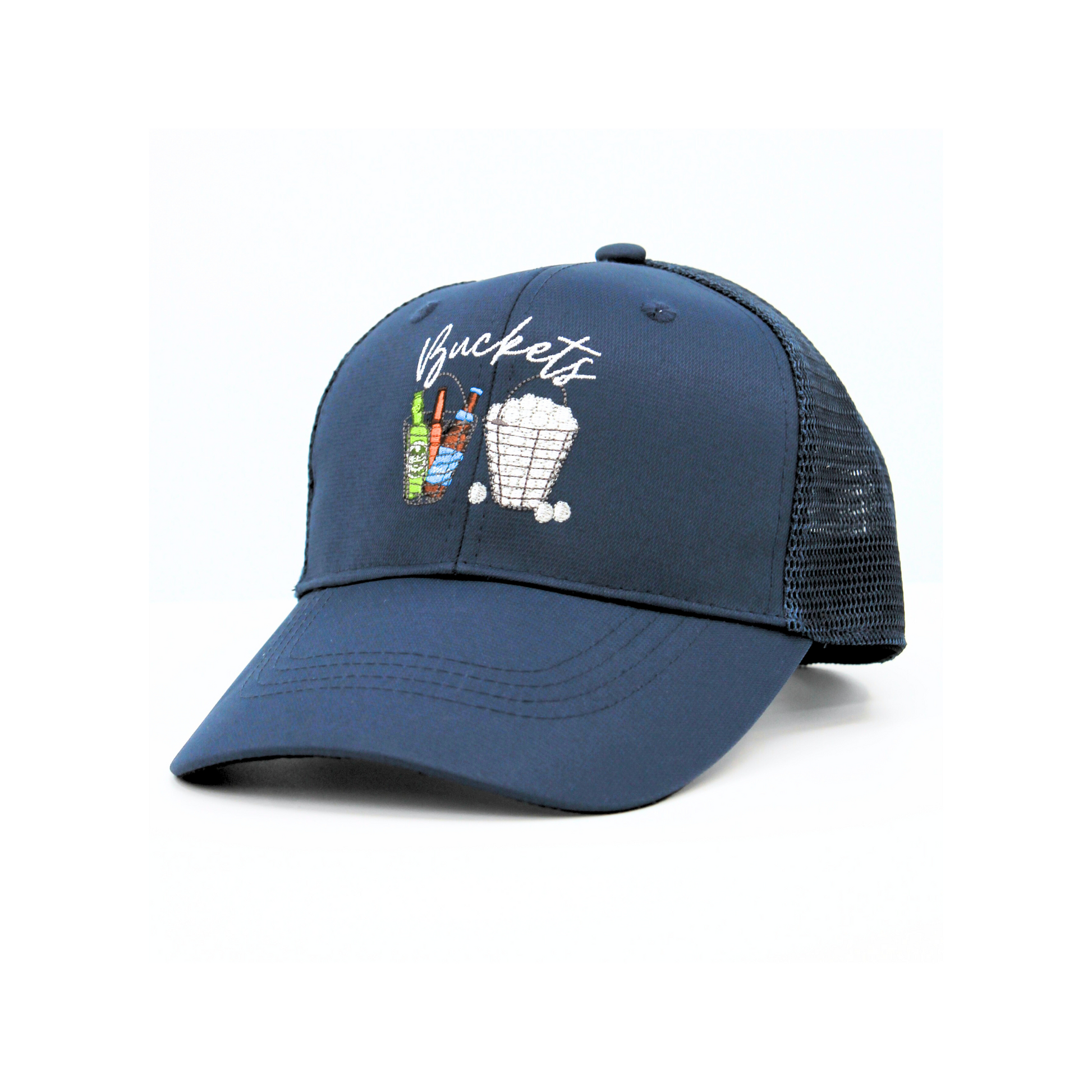 Navy blue cap with embroidered design on a white background