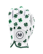 'Clover Luck' golf glove with shamrock pattern and little golf flags on a white background