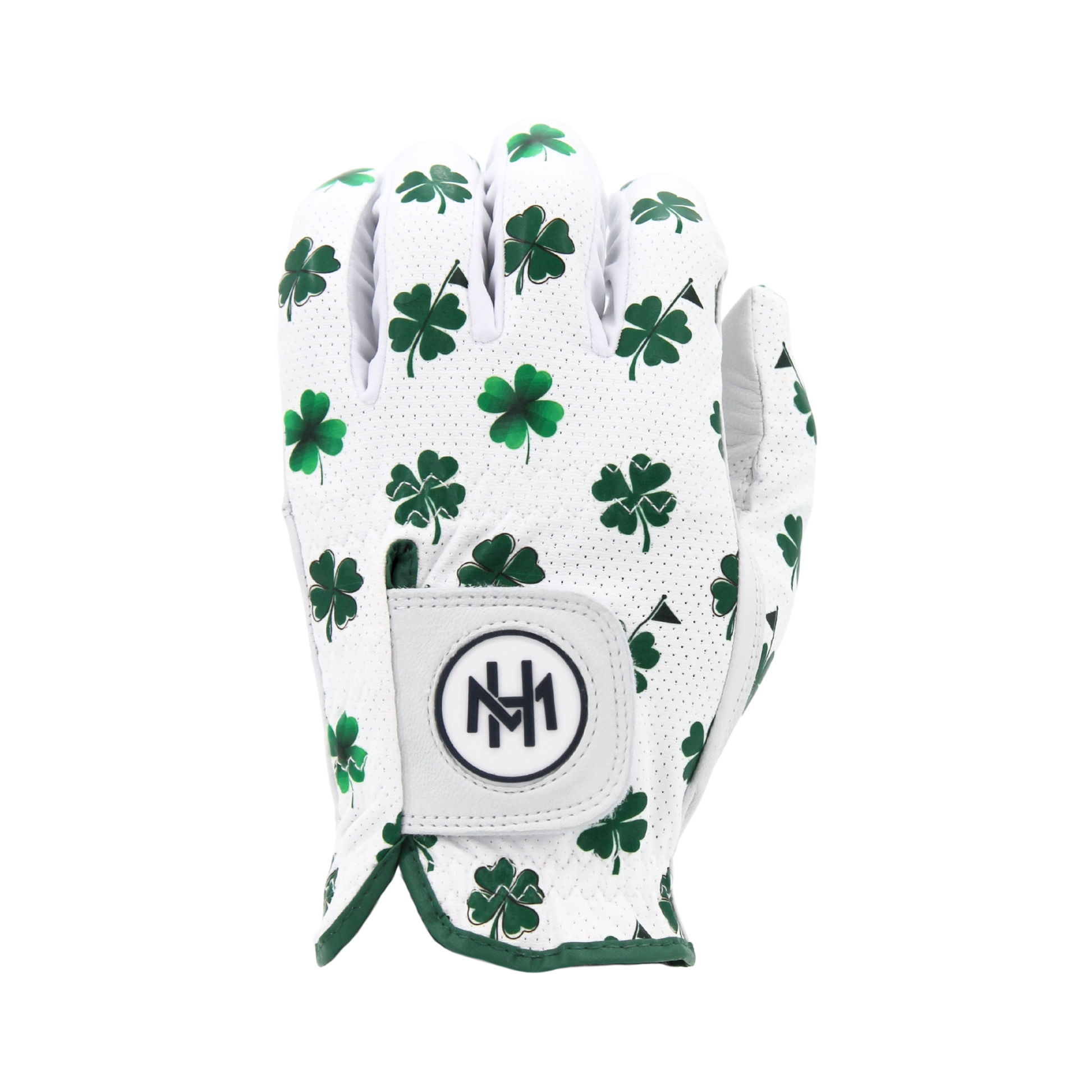 'Clover Luck' golf glove with shamrock pattern and little golf flags on a white background
