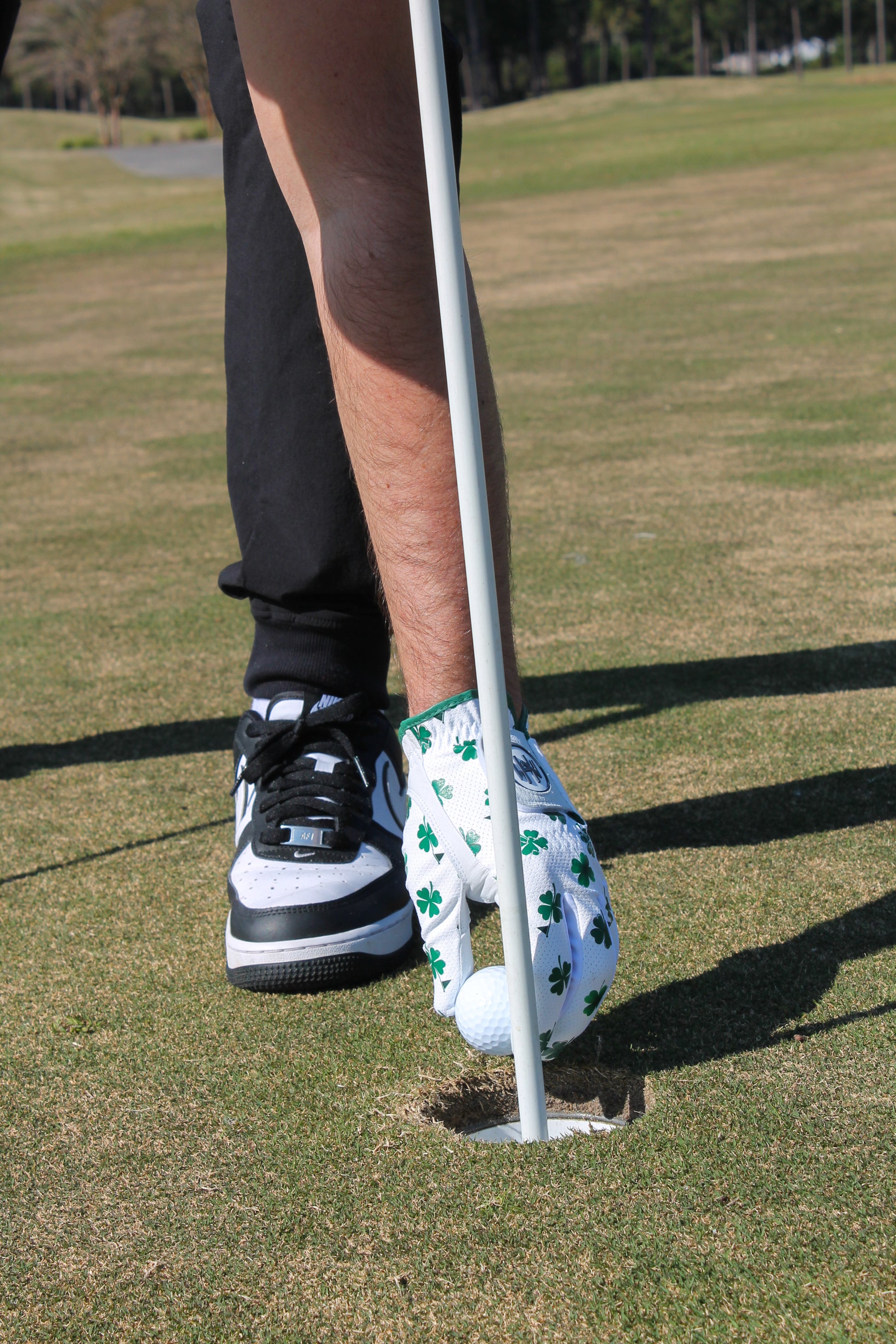 Person preparing to putt and he is removing the golf ball from the hole in a premium 'Clover Luck' golf glove