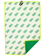 A rectangular golf towel with a cream-colored front featuring a repeating green script logo pattern, a bright green border, and a green textured reverse side, shown on a plain white background.