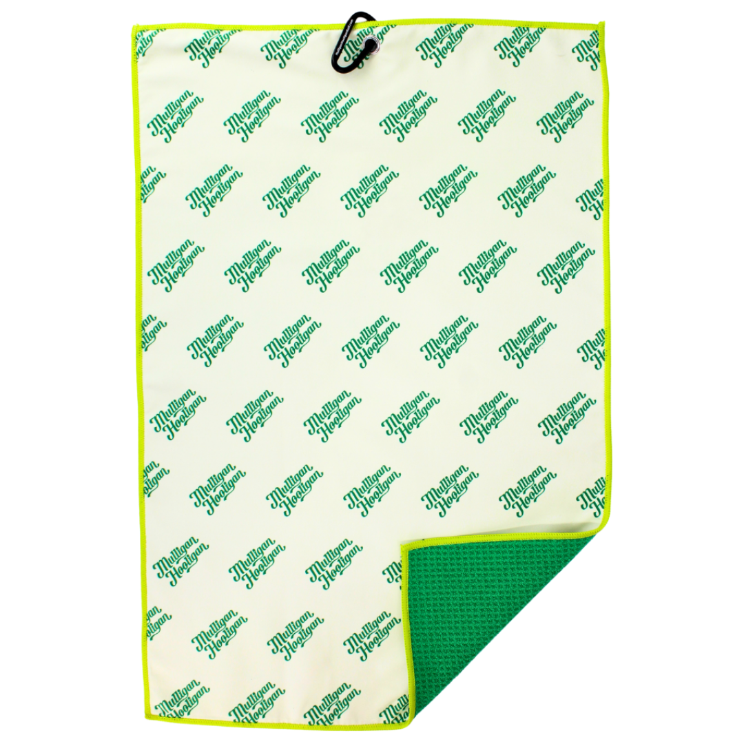 A rectangular golf towel with a cream-colored front featuring a repeating green script logo pattern, a bright green border, and a green textured reverse side, shown on a plain white background.