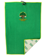 A green textured golf towel with a black hanging loop at the top and a small embroidered logo reading 'F*CK YOU TREE!' on the front. The bottom corner is folded over to show the off-white reverse side with green printed text.