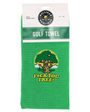 A green waffle-weave golf towel with a humorous graphic of a tree and the text 'F*CK YOU TREE!' printed on it, packaged in its original white and green header card.