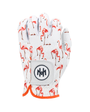 'Flamingo Putt' glove with putting flamingos and little golf balls getting in the hole pattern on a white background
