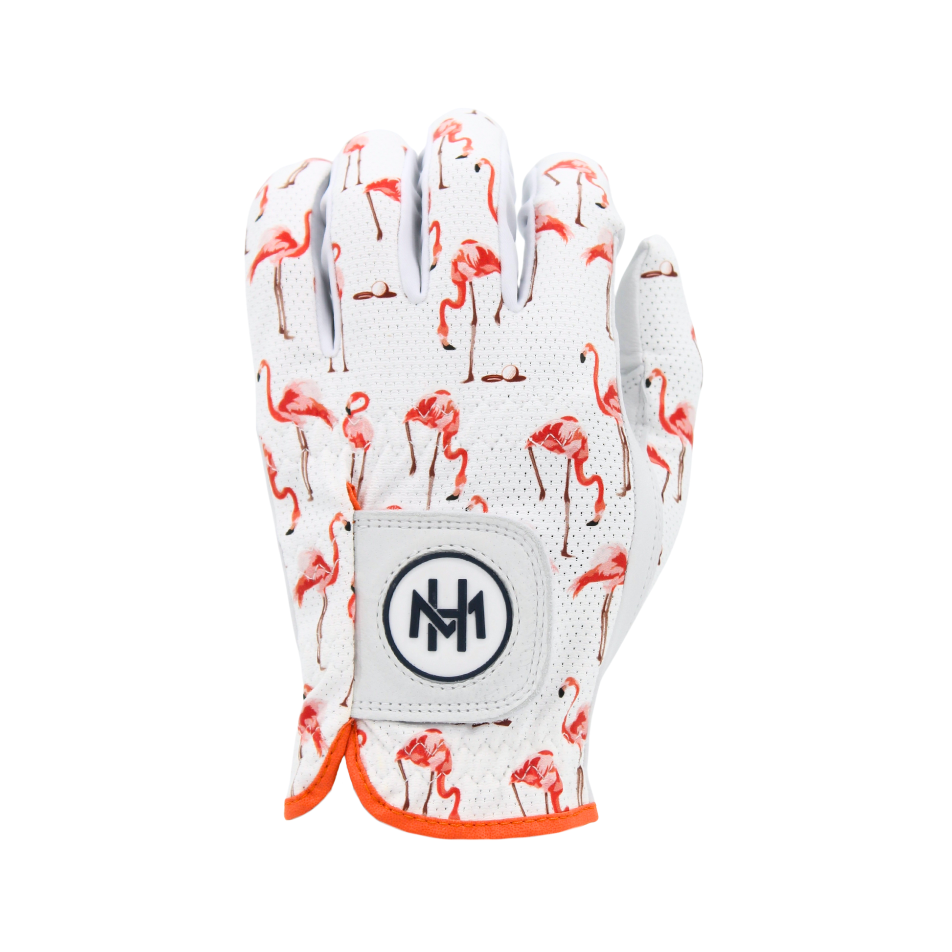 'Flamingo Putt' glove with putting flamingos and little golf balls getting in the hole pattern on a white background
