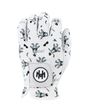 Mulligan Hooligan Goat white glove with goats, golf clubs and sunglasses as a pattern on a white background