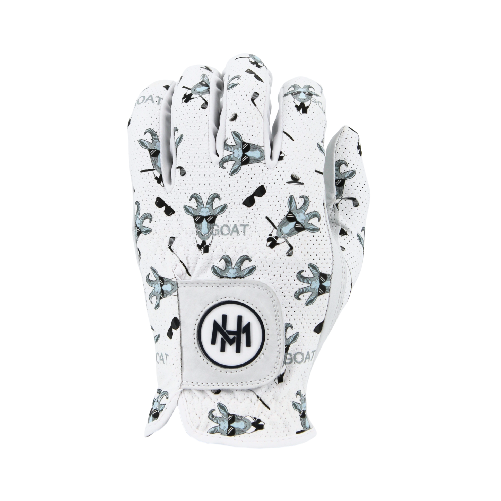 Mulligan Hooligan Goat white glove with goats, golf clubs and sunglasses as a pattern on a white background