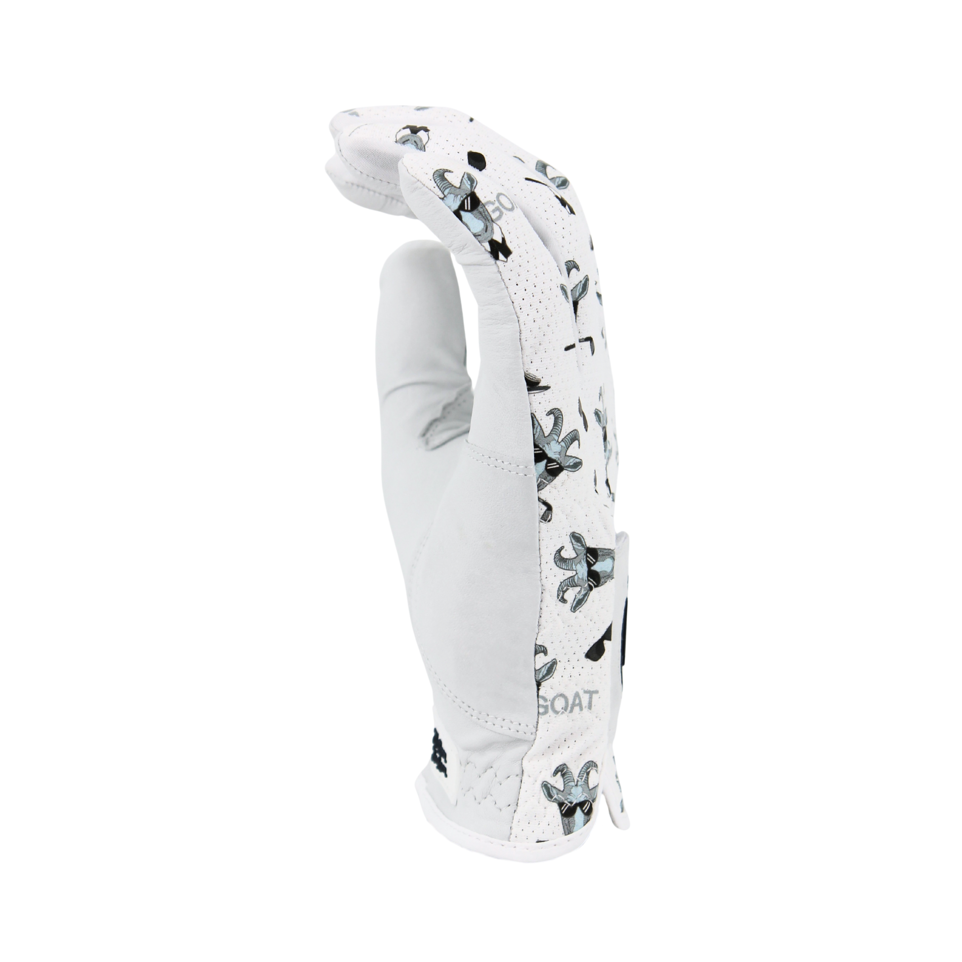 GOAT Mulligan Hooligan Golf Glove from the side with goat pattern on a white background