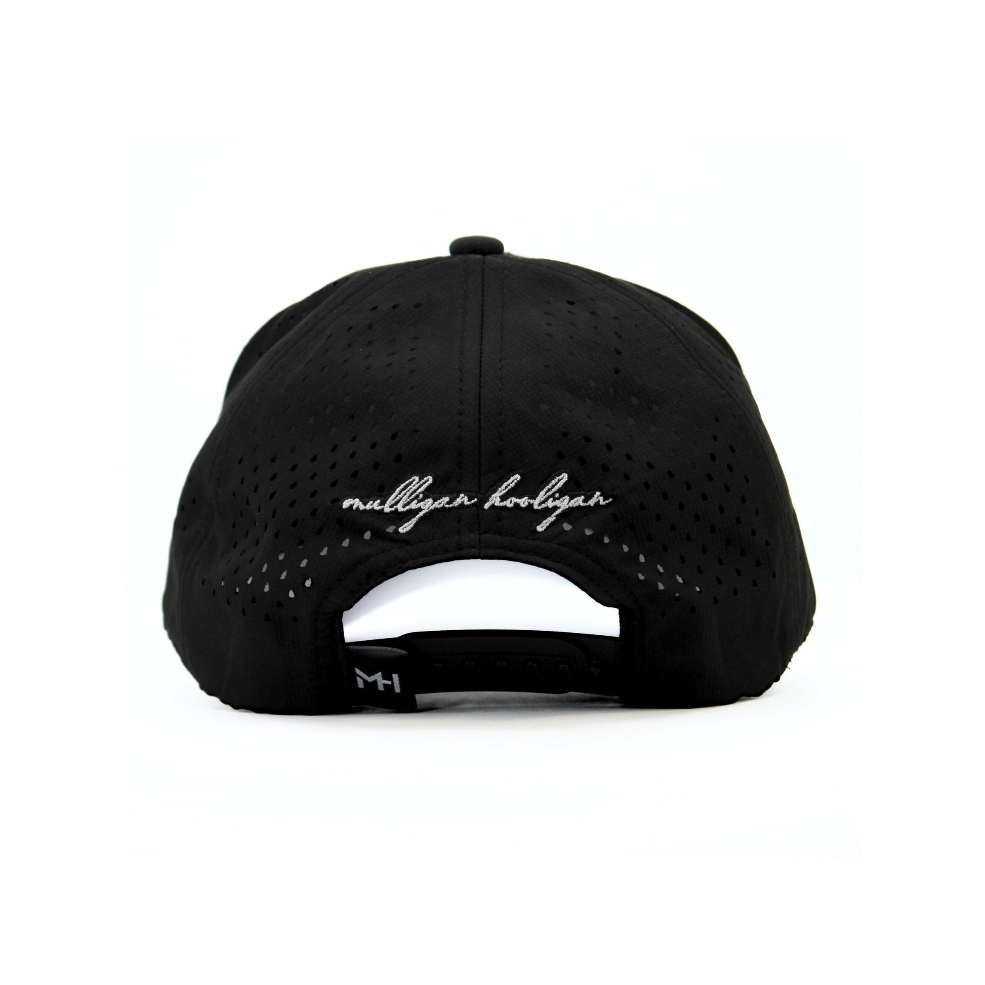 Black cap with 'mulligan hooligan' embroidery on a white background
