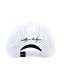 White Snapback cap with black 'Mulligan Hooligan' text and logo on a white background