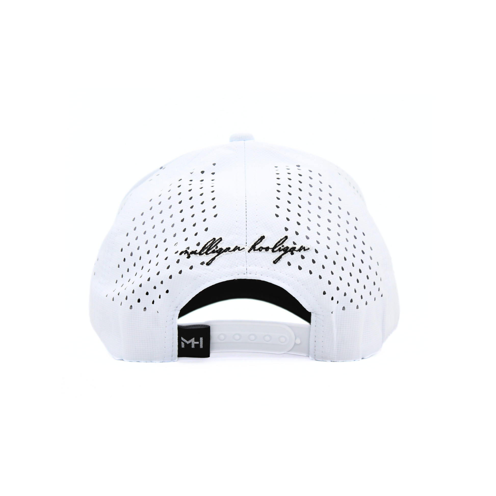 White Snapback cap with black 'Mulligan Hooligan' text and logo on a white background