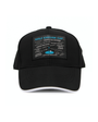Black cap with text on a white background