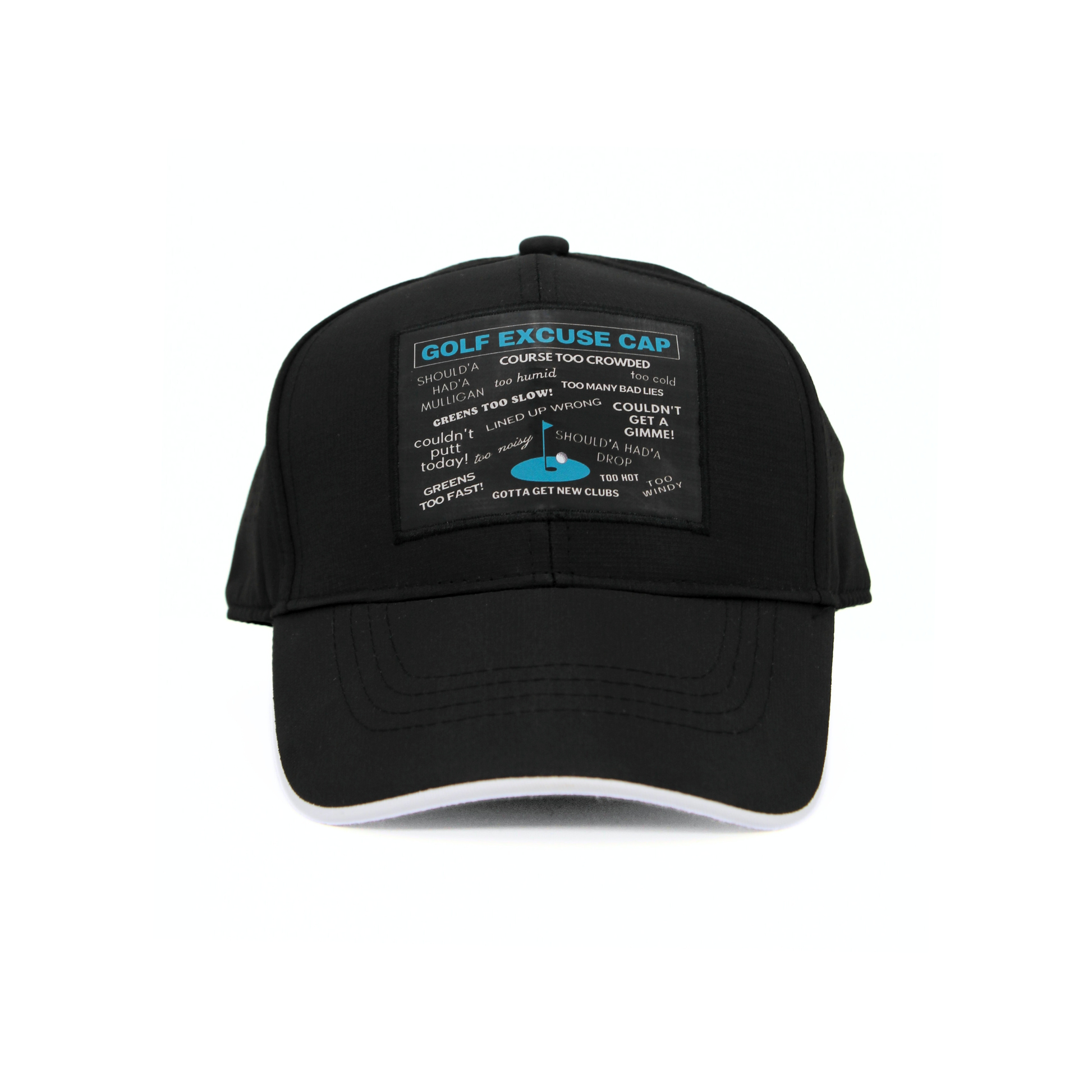 Black cap with text on a white background