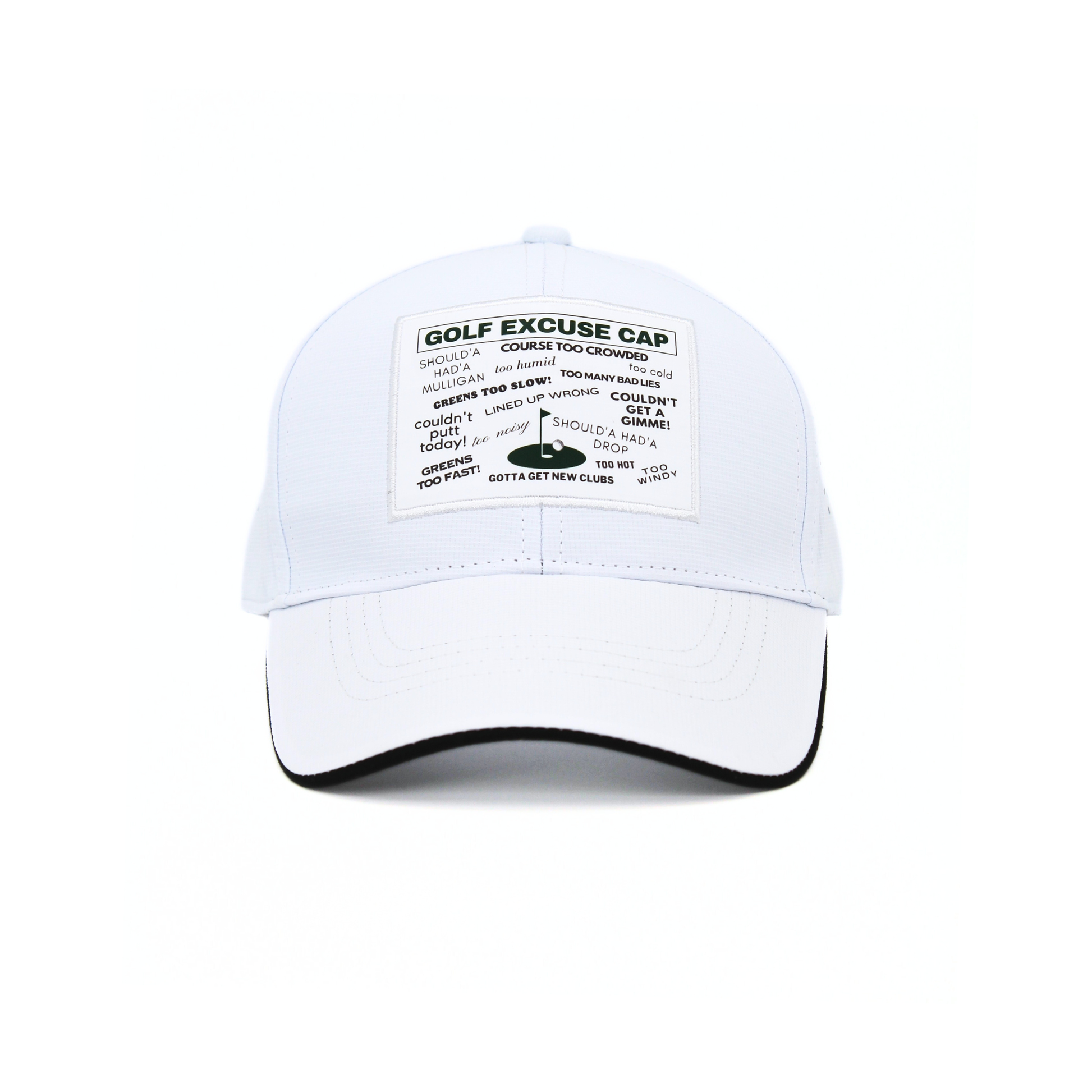 White cap with Golf Excuses text on a white background