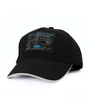 Black cap with text and graphic on a white background