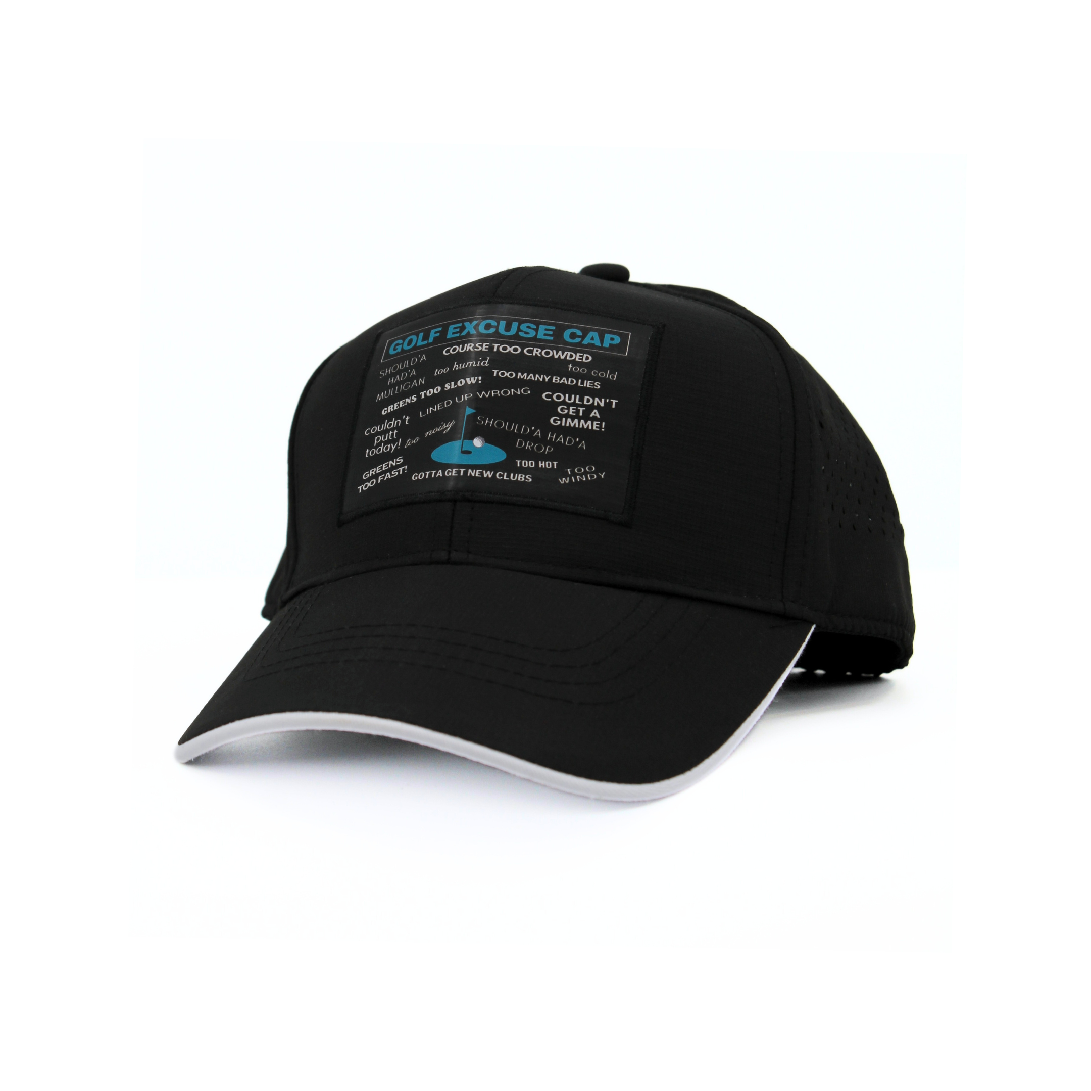 Black cap with text and graphic on a white background