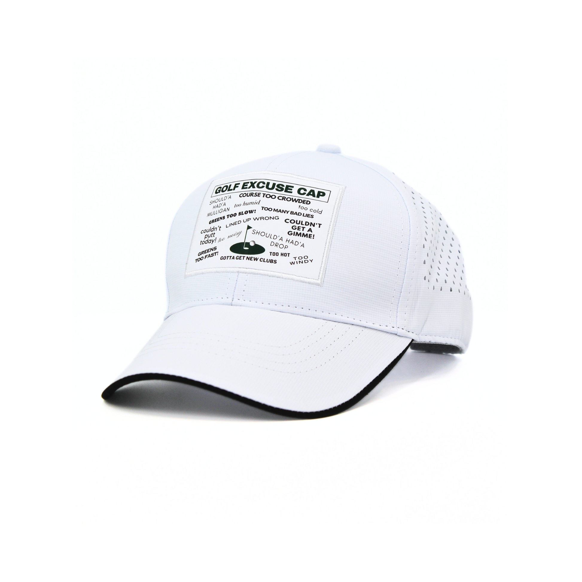 White cap with text Golf Excuses Text on a white background