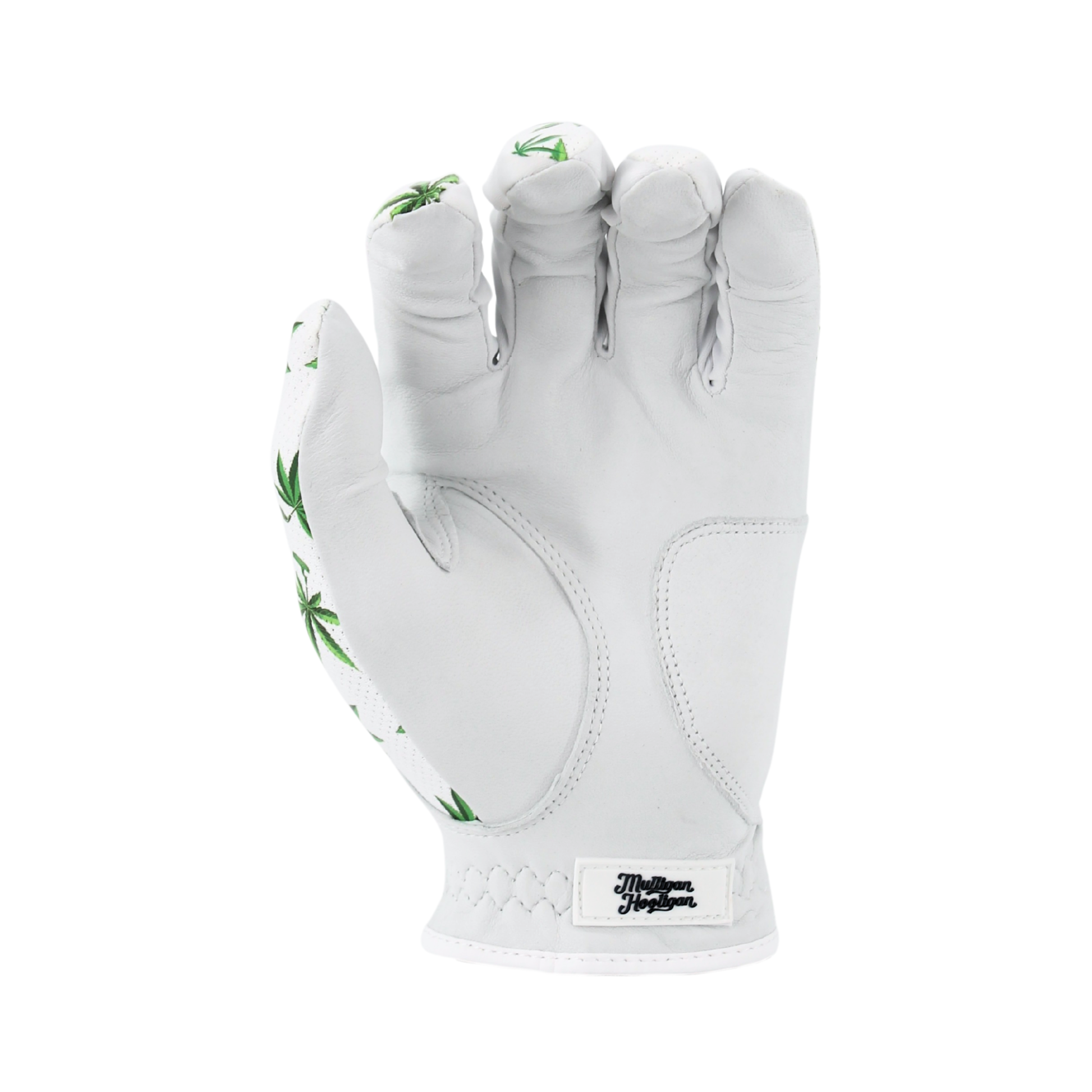 High Handicap golf glove palm with green leaf patterns on a white background
