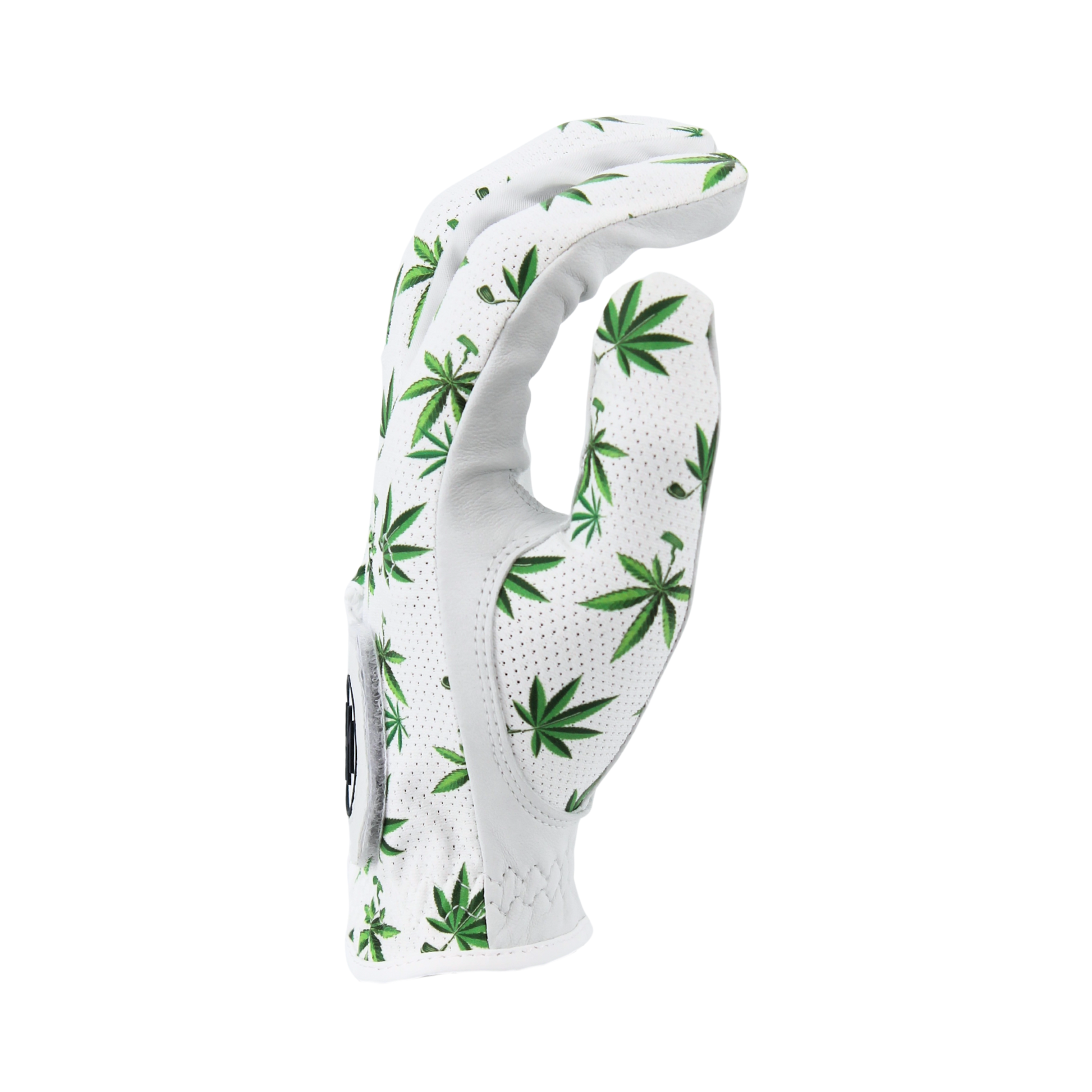 High Handicap golf glove from the side with green leaf pattern on a white background