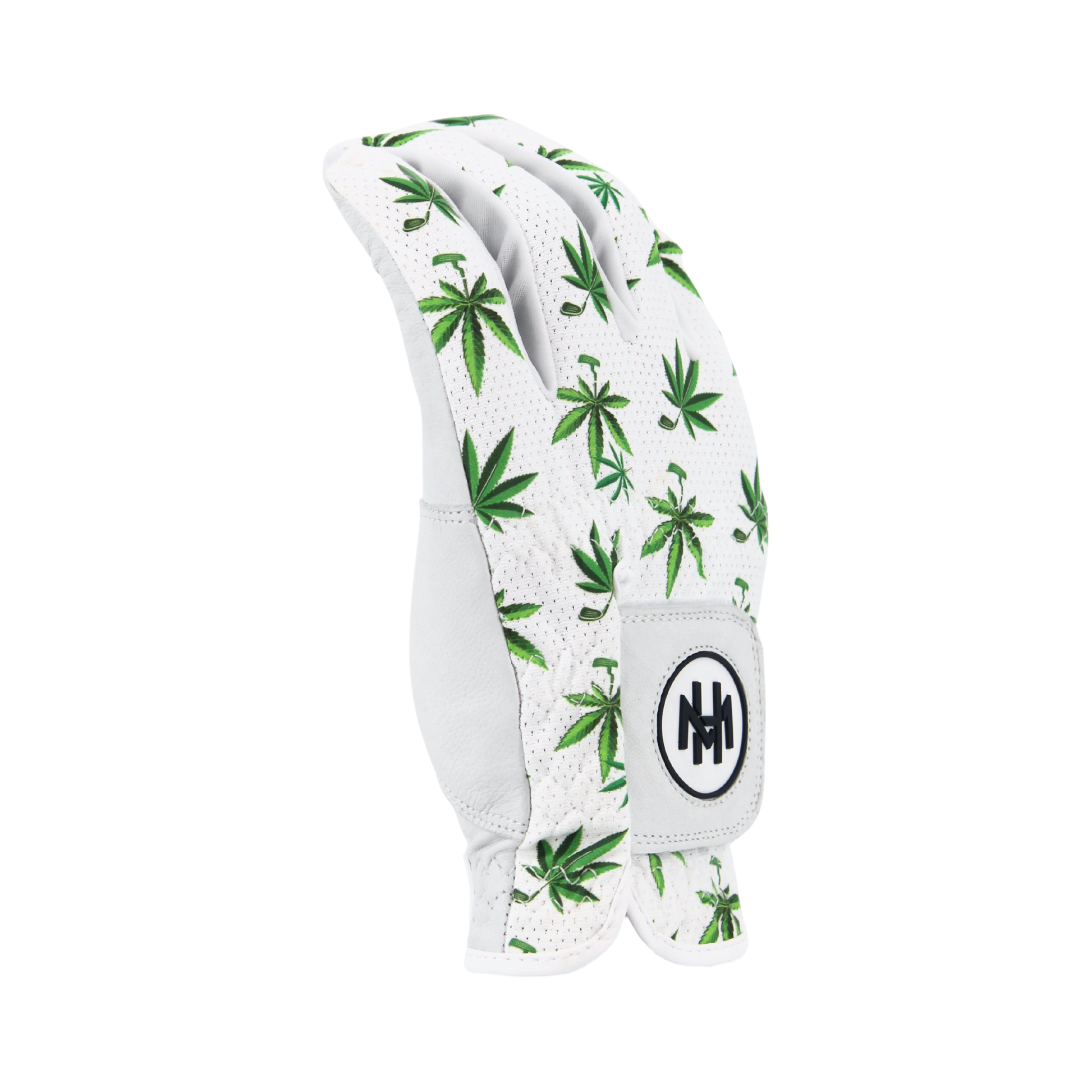 High Handicap Golf Glove with green leaf pattern on a white background