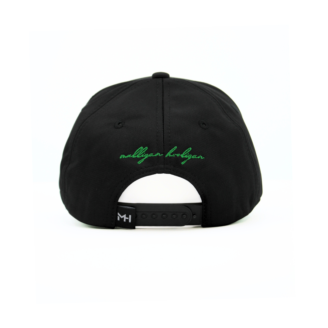 Black cap with green ' Mulligan Hooligan' text on the back against a white background