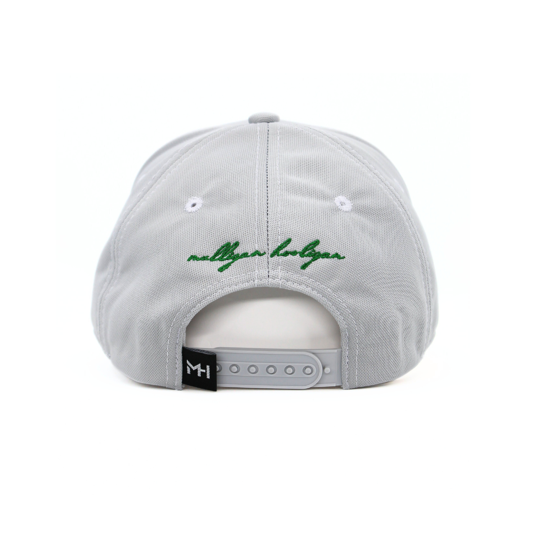 Gray cap with green Branded 'Mulligan Hooligan' text on the back against a white background