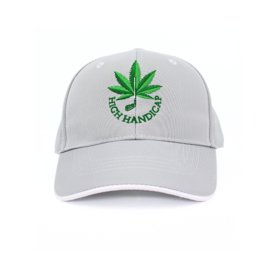 Gray cap with green cannabis leaf and 'HIGH HANDICAP' text on a white background
