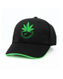 Black cap with green leaf and text design on a white background
