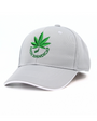 Gray cap with green cannabis leaf design and text on a white background