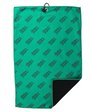 A green golf towel with a repeating black script logo pattern, featuring a black grommet at the top and a folded corner showing a black textured backing, set against a plain white background.